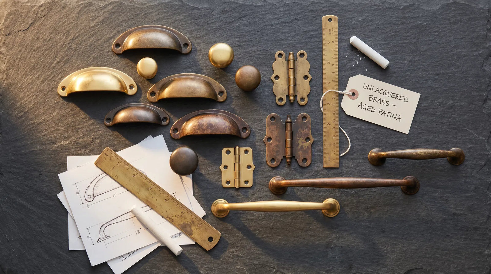 Brass cabinet hardware pieces arranged on a dark slate surface