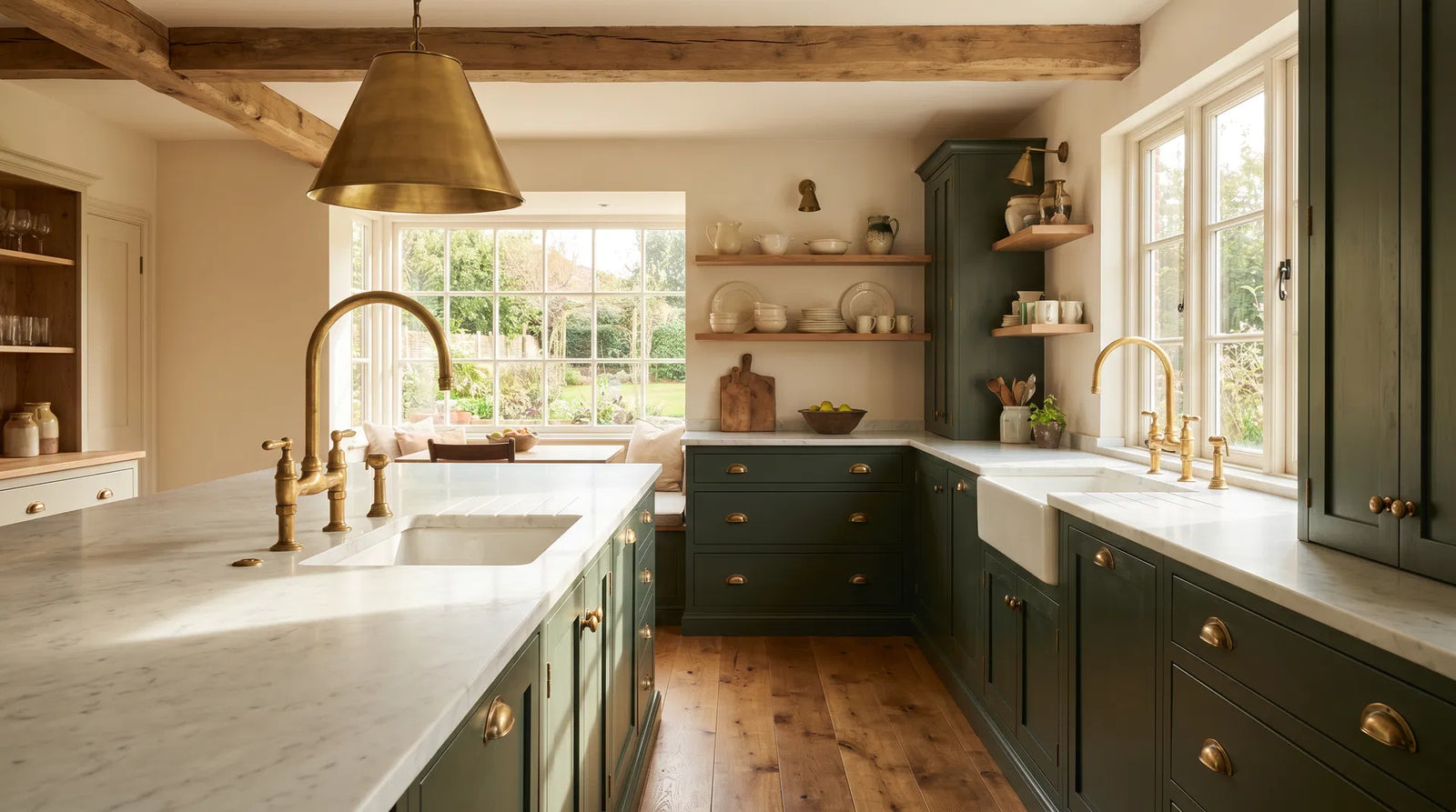 Modern farmhouse kitchen with unlacquered brass faucet, pendant light, and cabinet hardware