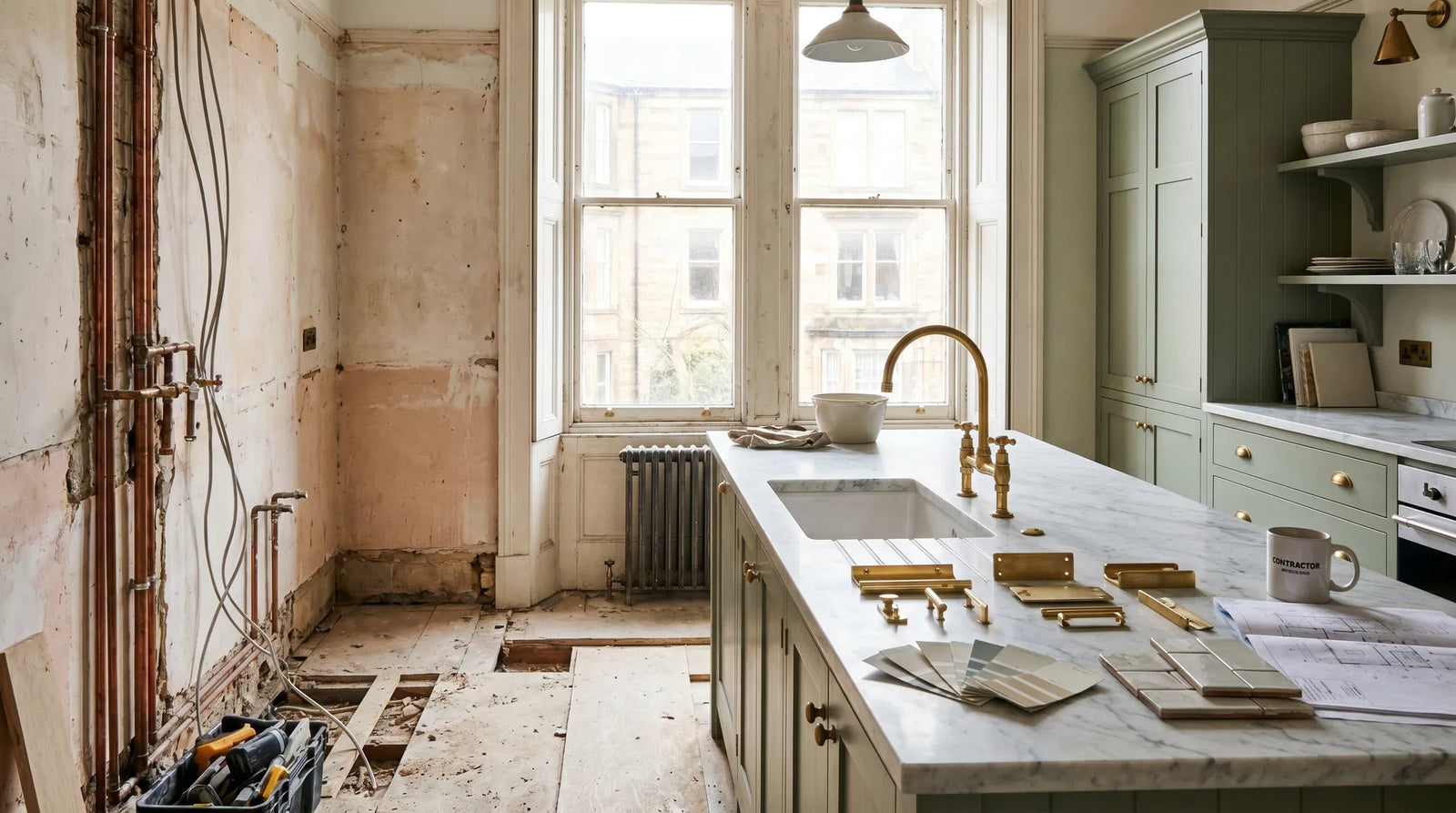 Kitchen mid-renovation with brass hardware being installed