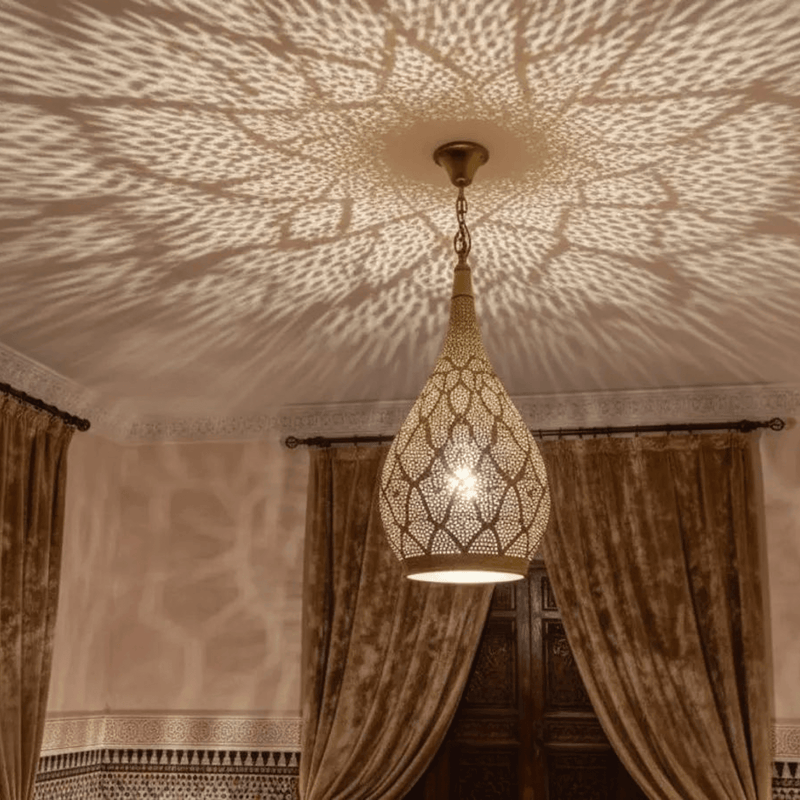 Dining Room Lighting Ideas featuring Brass Teardrop Pendant Light Handmade Pierced Ceiling Lamp