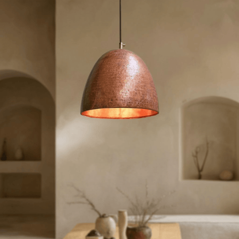 Hammered copper dome pendant light farmhouse style, front view – Brass For Homes