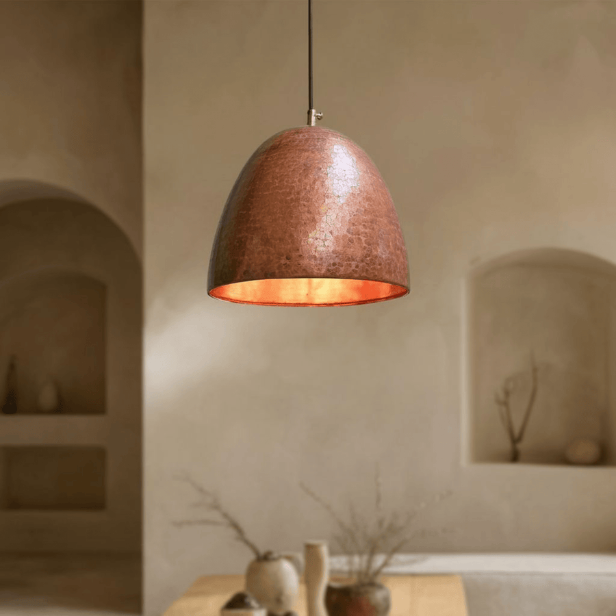 Hammered copper dome pendant light farmhouse style, front view – Brass For Homes