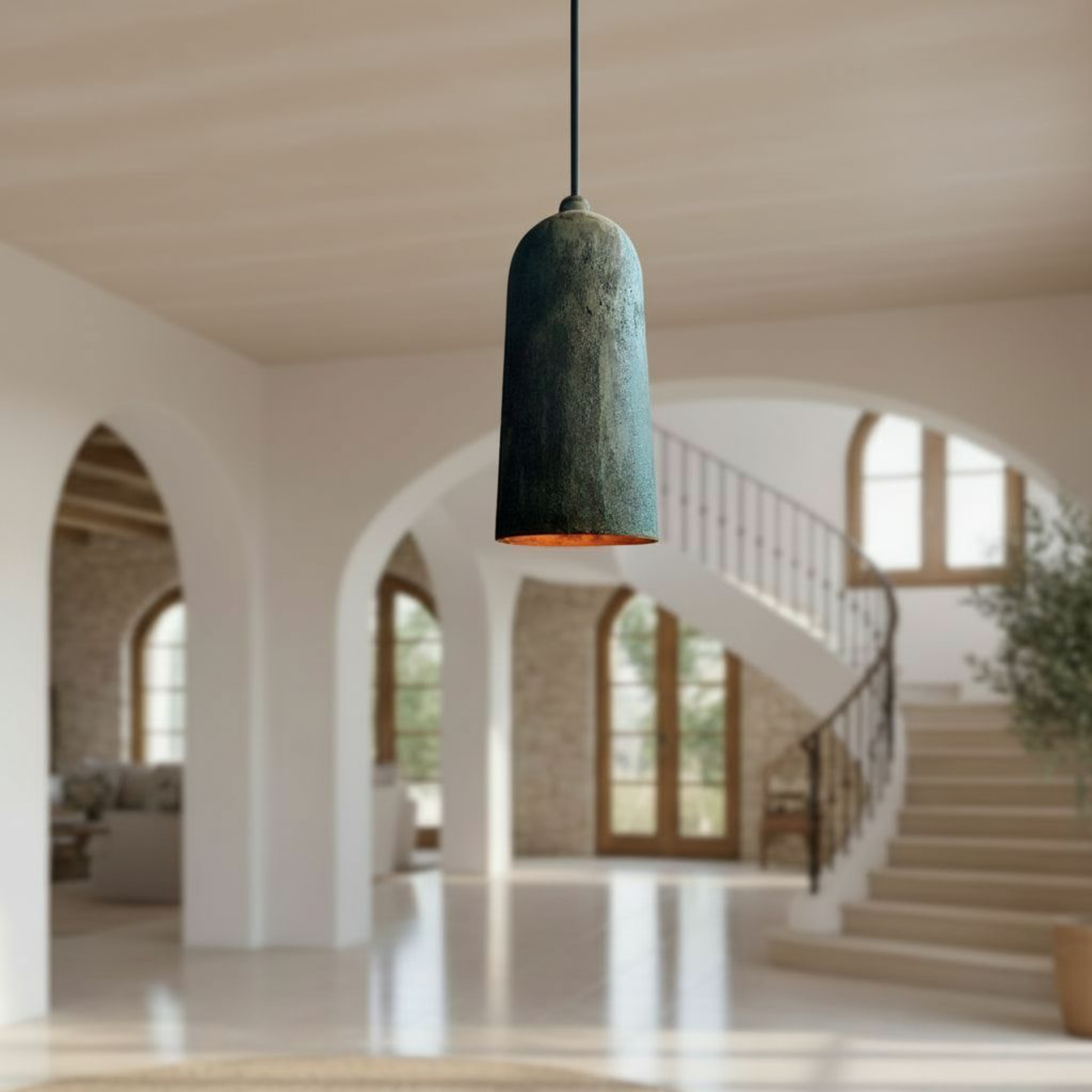 Verdigris Copper Cylinder Pendant – Long Patina Ceiling Light for Kitchens - Brass For Homes - 