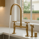 Antique Unlacquered Brass Bridge Kitchen Faucet with Side Sprayer kitchen faucet for kitchen sinks, prep sinks, bridge faucet layouts, and farmhouse kitchens - view 1