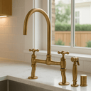 Antique Unlacquered Brass Bridge Kitchen Faucet with Side Sprayer kitchen faucet for kitchen sinks, prep sinks, bridge faucet layouts, and farmhouse kitchens - view 2