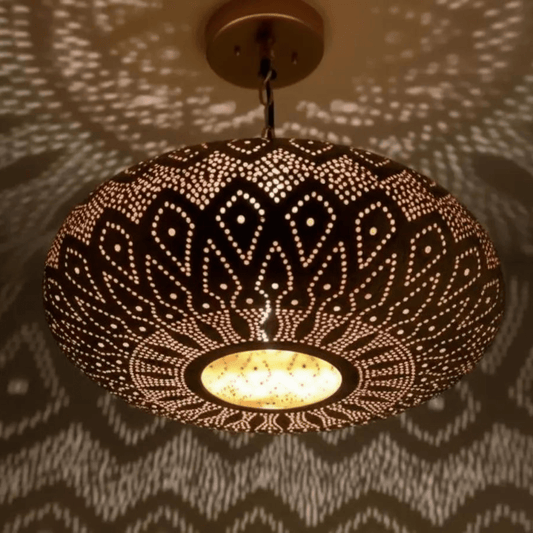 Brass Flush Pendant Light – Lotus Pattern Pierced Ceiling Shadow Fixture - Brass For Homes - 