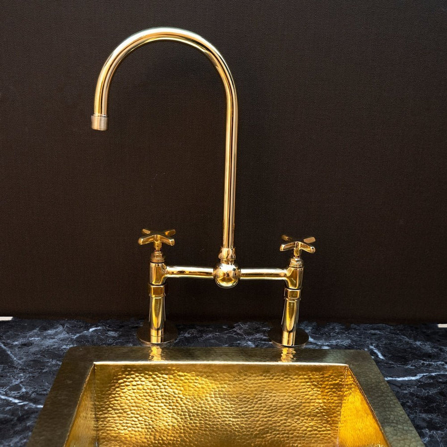 Polished brass bridge kitchen faucet high arc front view – Brass For Homes
