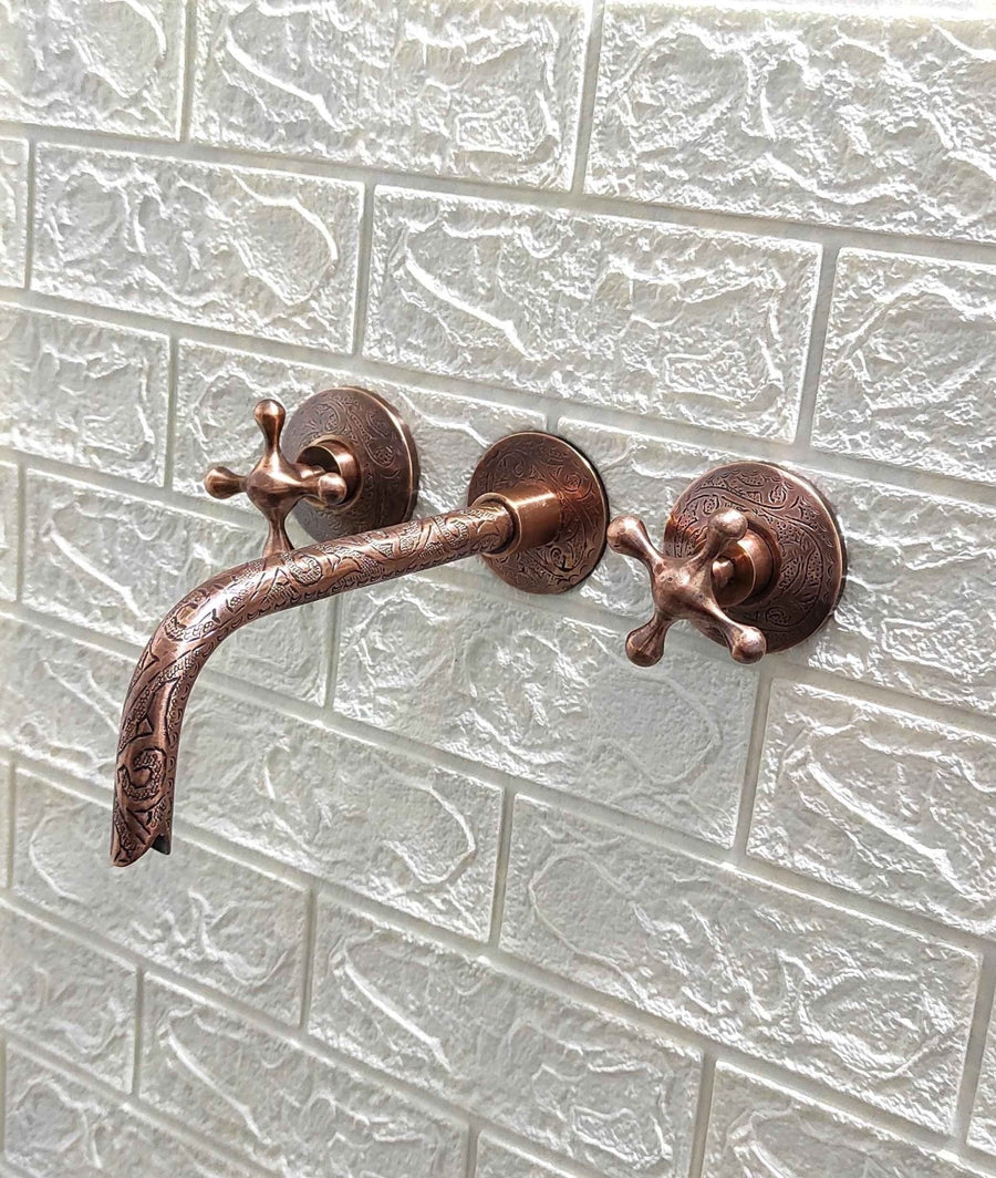 Engraved Copper Wall Mounted Faucet wall mount faucet for wall-mounted sink layouts, bathrooms, kitchens, and compact wash spaces - view 1