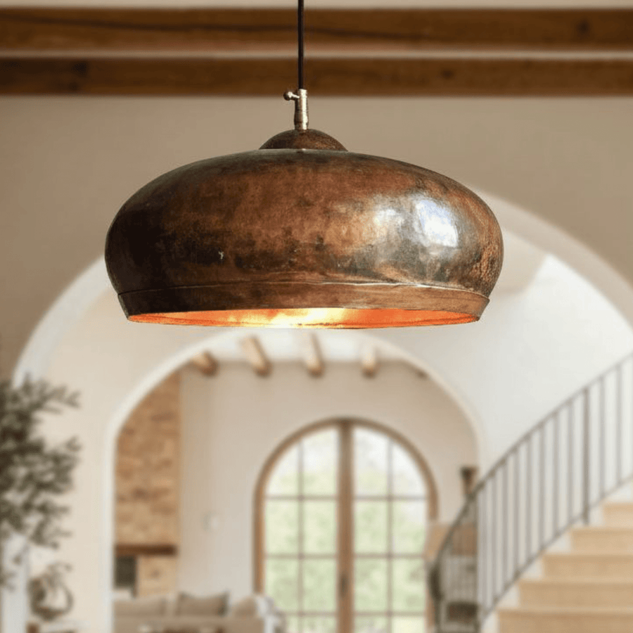 Oxidized hammered copper dome pendant light, front view – Brass For Homes