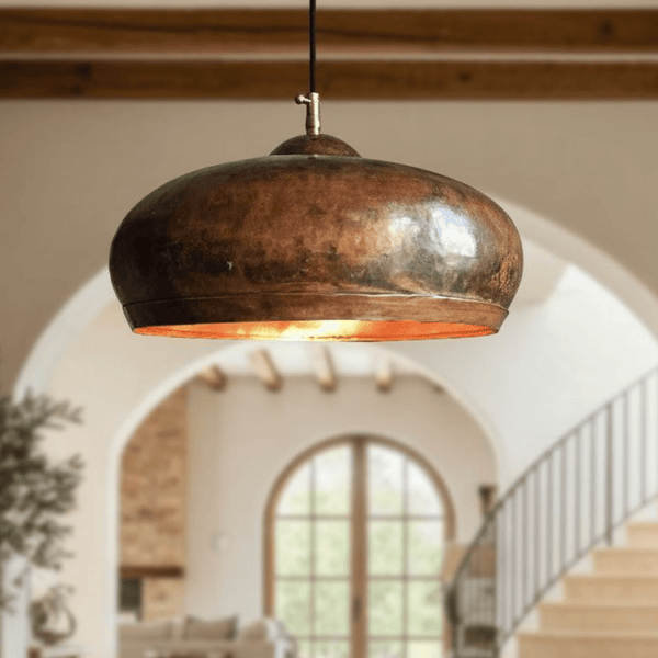 Hammered Copper Dome Pendant – Oxidized Rustic Ceiling Light for Kitchens - Brass For Homes - 