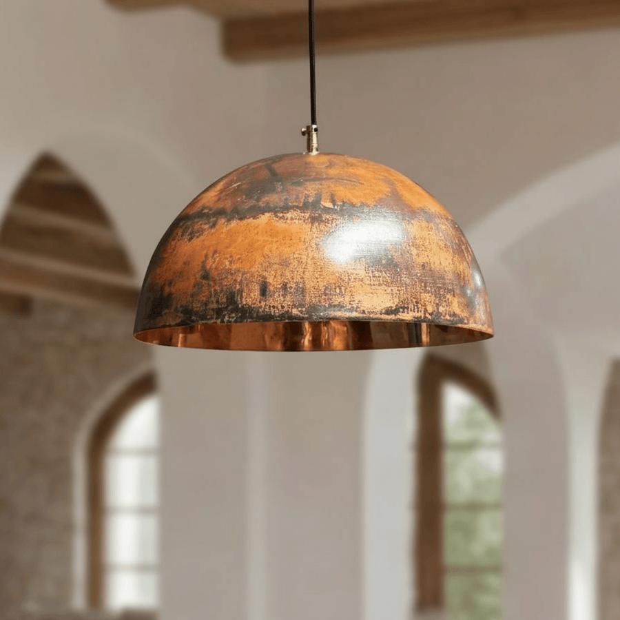 Oxidized copper dome pendant with dark patina finish – rustic farmhouse kitchen ceiling light – Brass For Homes