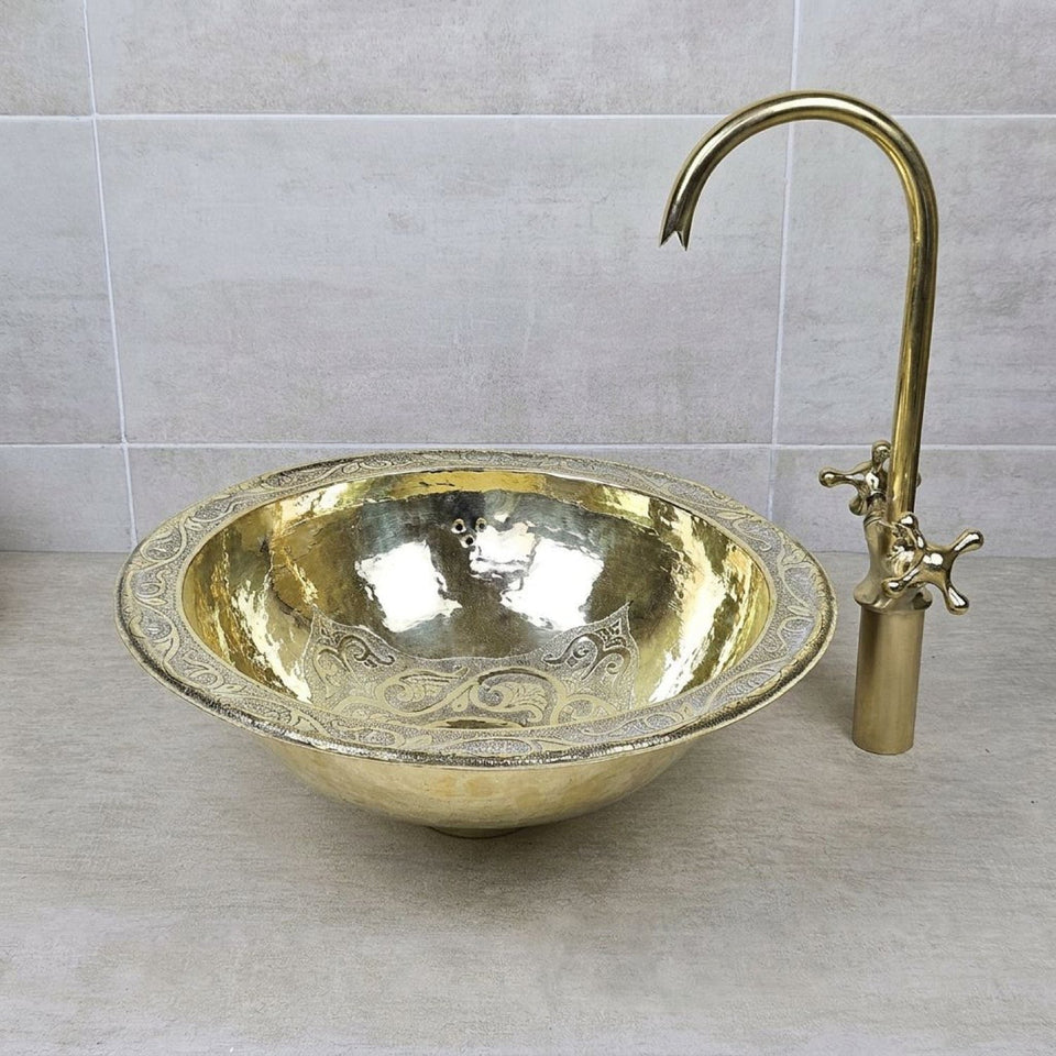 Engraved Brass Bathroom Sink – Round Undermount Basin Sinks product photo