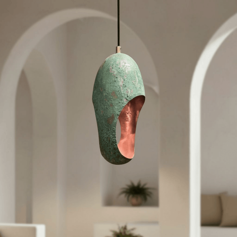 Green patina copper cutout dome pendant — rustic patterned ceiling light — Brass For Homes