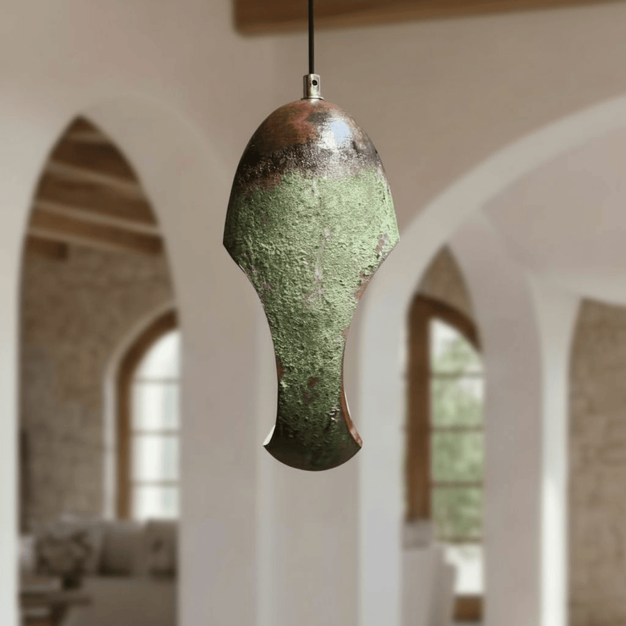 Green patina copper oval cutout pendant for rustic farmhouse ceiling — Brass For Homes