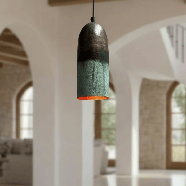 Green Patina Copper Pendant Light – Handmade Oxidized Cylinder Ceiling Lamp - Brass For Homes - 