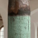 Verdigris copper cylinder pendant with focused directional downlighting — Brass For Homes