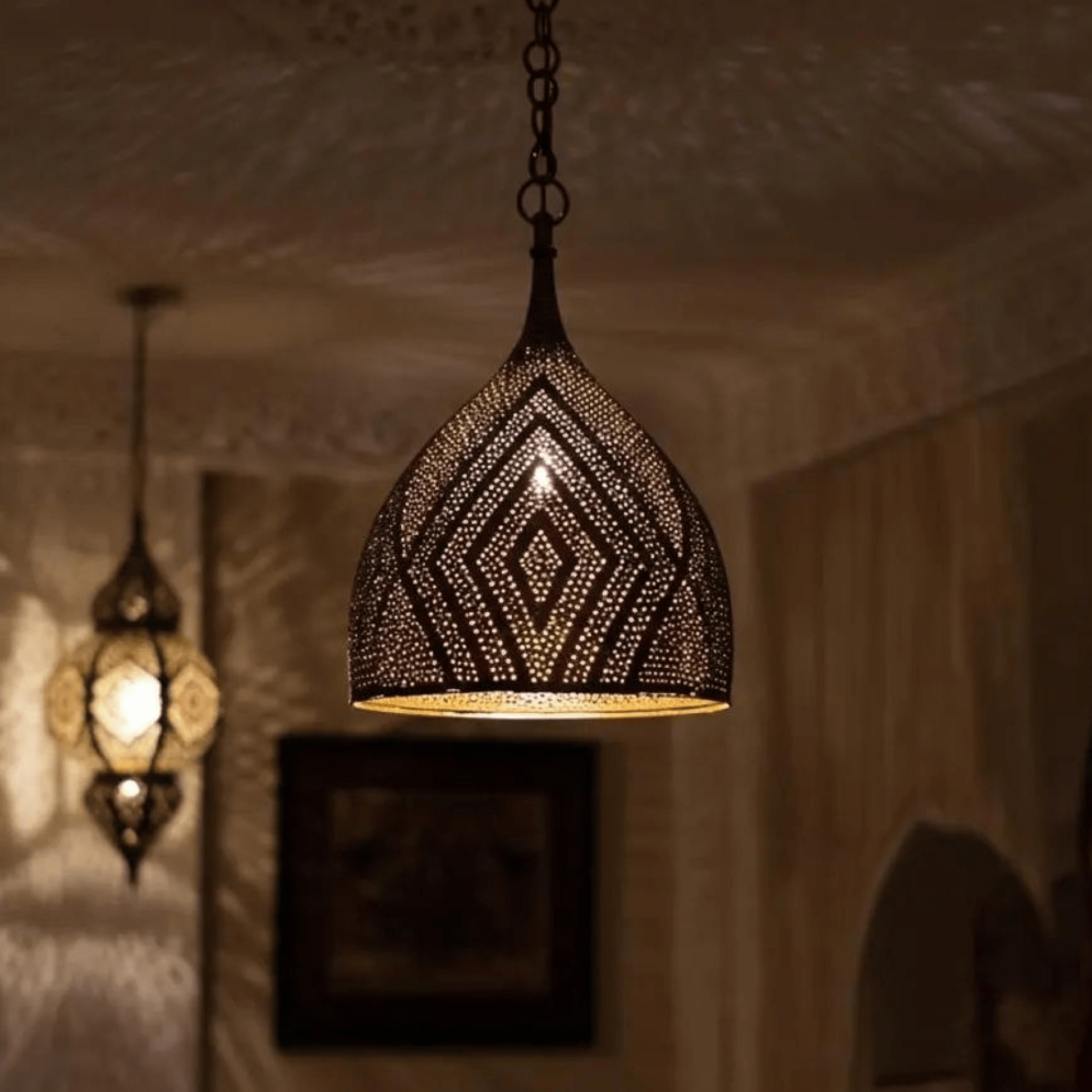Brass Teardrop Pendant Light – Pierced Moroccan - Style Ceiling Lamp - Brass For Homes - 