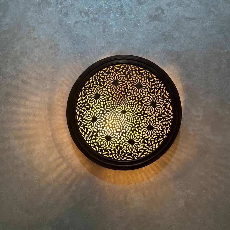 Handcrafted Round Brass Sconce – Engraved Moroccan Wall Light Pendant Lighting product photo