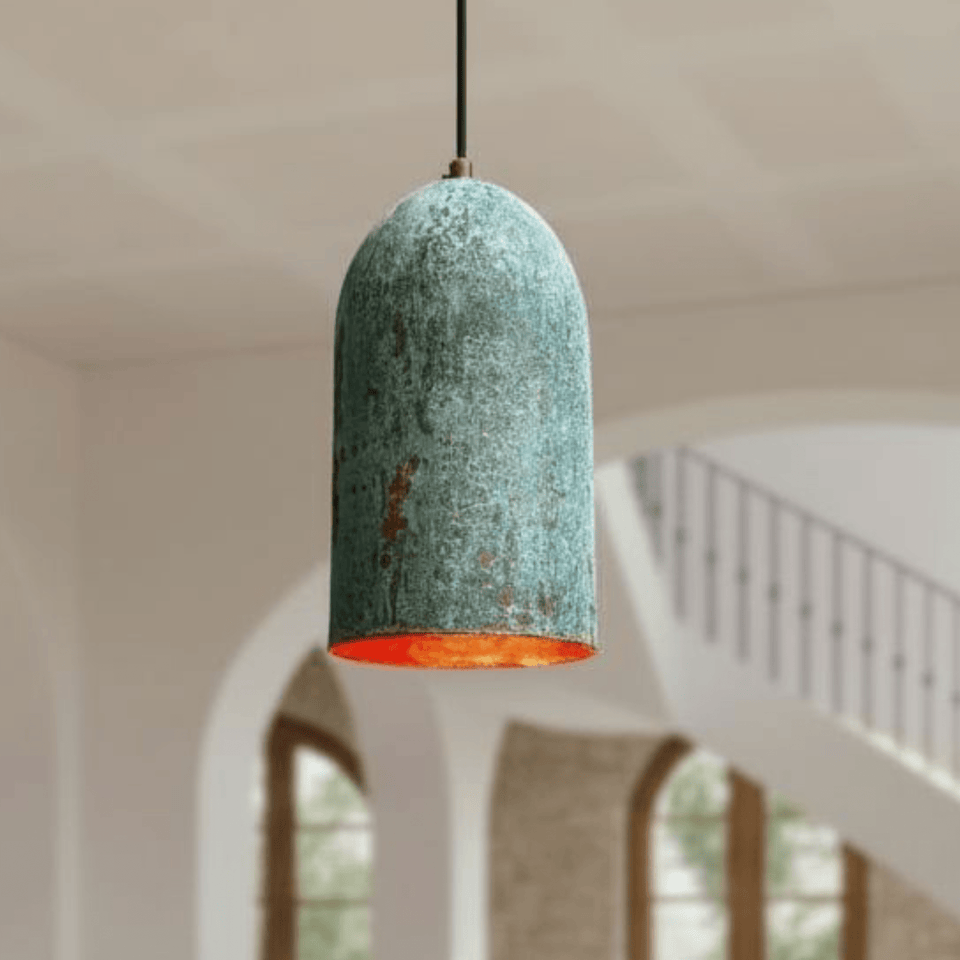 Verdigris Copper Cylinder Pendant – Tall Green Patina Light for Kitchens Pendant Lighting product photo