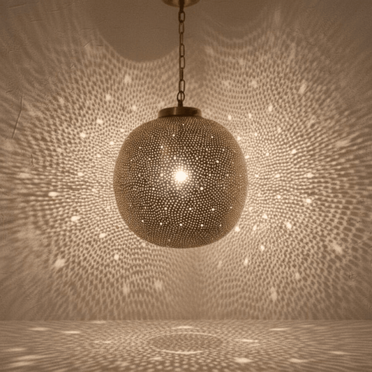 Brass Globe Pendant Light – Pierced Shadow Lamp for Boho Interiors - Brass For Homes - 