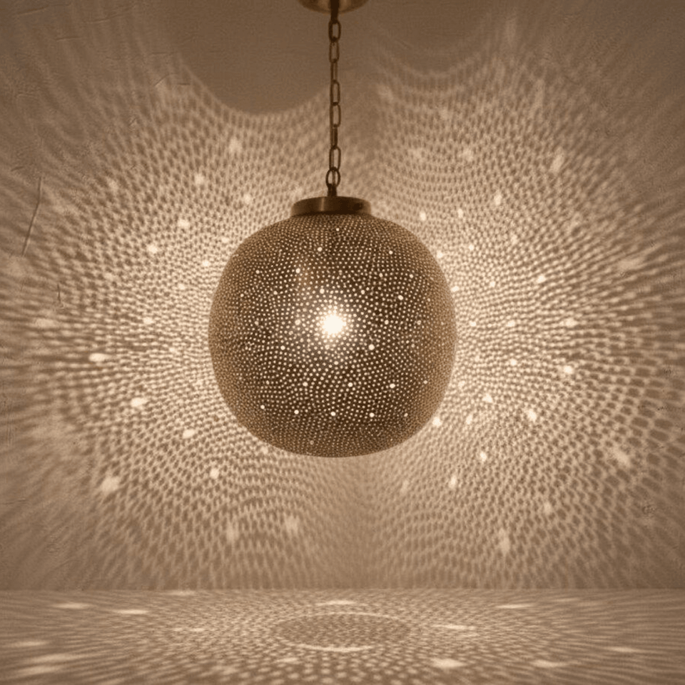 Brass Globe Pendant Light – Pierced Shadow Lamp for Boho Interiors - Brass For Homes - 