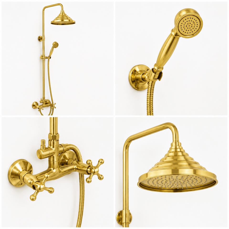Luxury Copper Outdoor Shower with Rainfall Head – Solid Brass & Gold System Shower Systems product photo