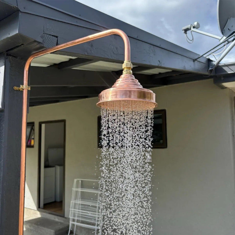 Luxury Unlacquered Solid Copper Outdoor Shower with Rainfall Head shower system for primary bathrooms, guest bathrooms, walk-in showers, and classic bath renovations - view 1
