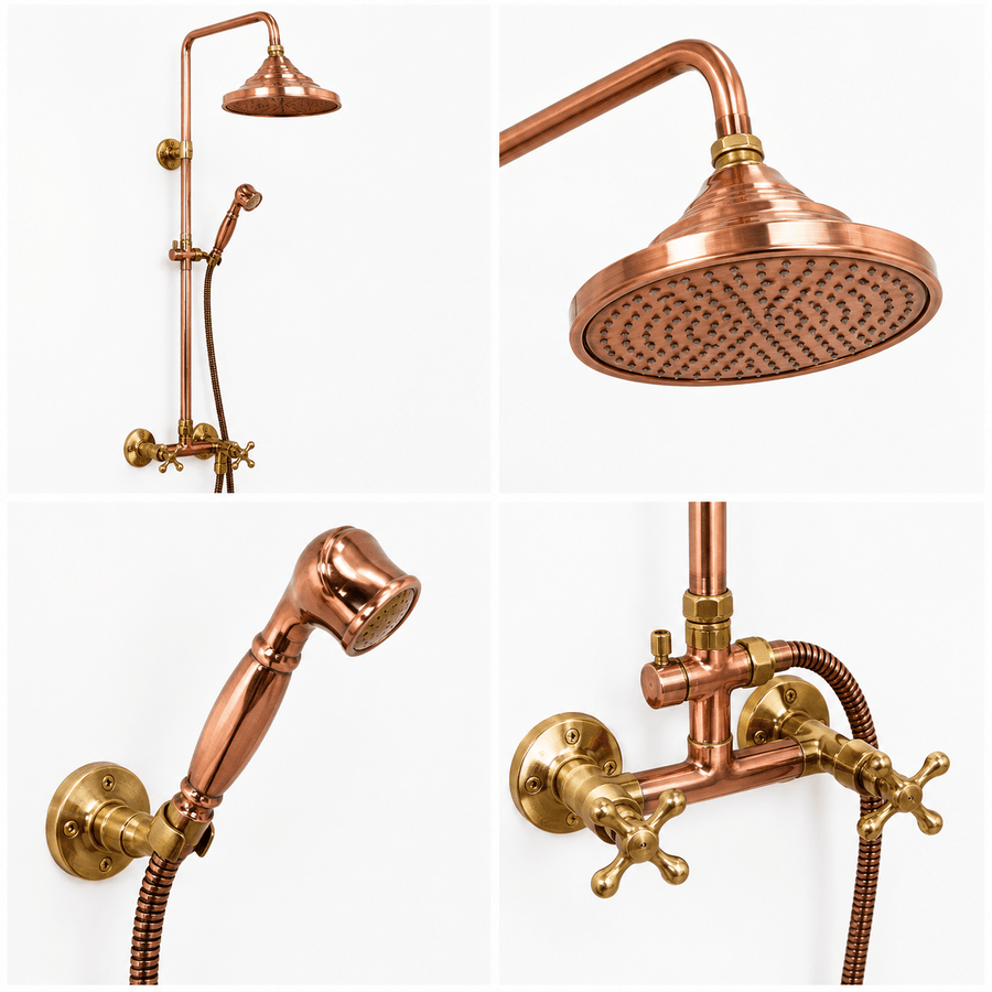 Unlacquered Solid copper shower, outdoor shower, outdoor shower home decor accent for entryways, bathrooms, kitchens, shelves, and warm artisan interiors - view 1