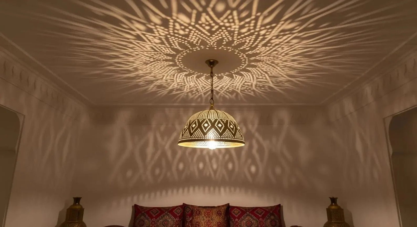 Moroccan Brass Pendant Light – Handmade Geometric Openwork Lamp - Brass For Homes - 