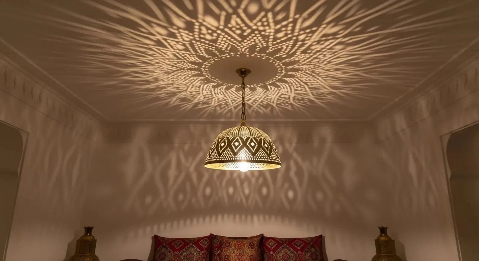 Moroccan Brass Pendant Light – Handmade Geometric Openwork Lamp - Brass For Homes - 