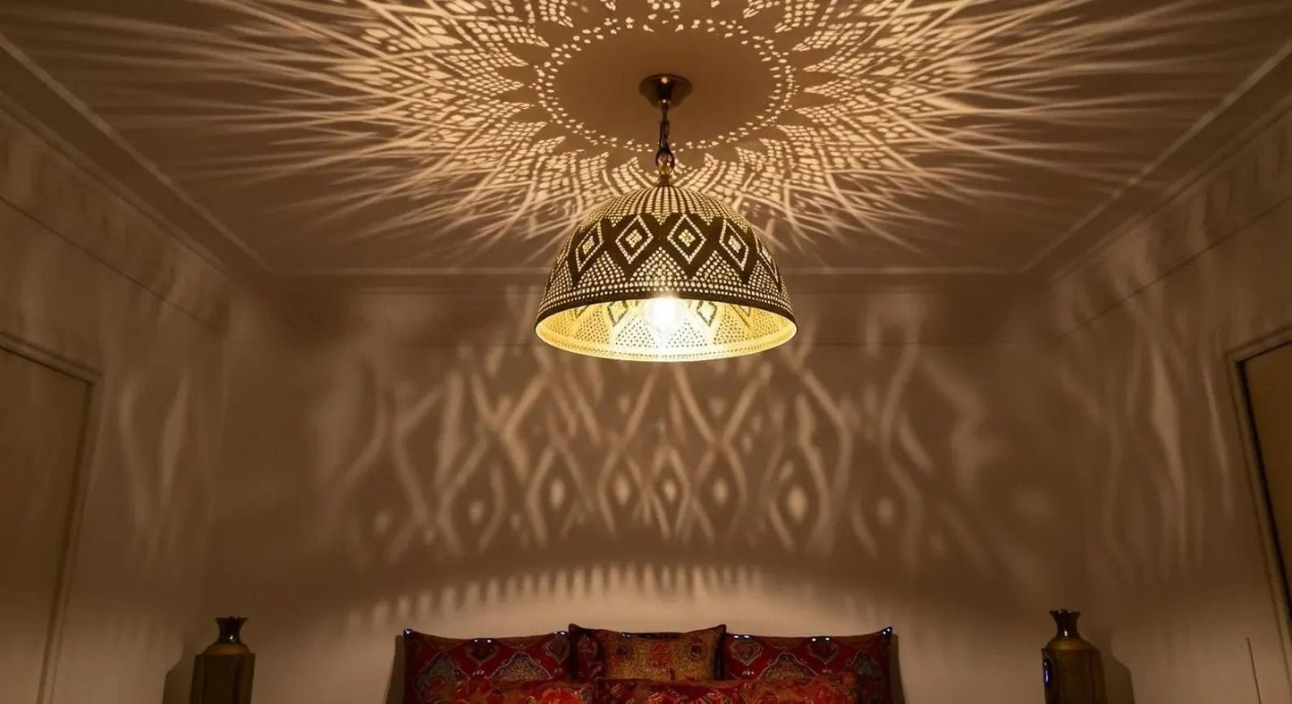 Moroccan Brass Pendant Light – Handmade Geometric Openwork Lamp - Brass For Homes - 