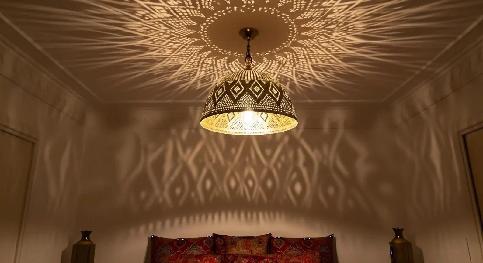 Moroccan Brass Pendant Light – Handmade Geometric Openwork Lamp - Brass For Homes - 