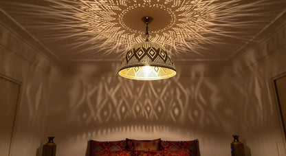 Moroccan Brass Pendant Light – Handmade Geometric Openwork Lamp - Brass For Homes - 