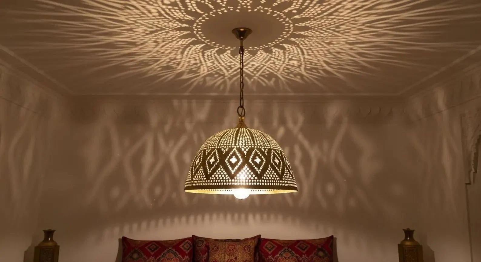 Moroccan Brass Pendant Light – Handmade Geometric Openwork Lamp - Brass For Homes - 