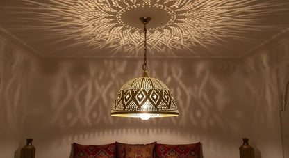 Moroccan Brass Pendant Light – Handmade Geometric Openwork Lamp - Brass For Homes - 