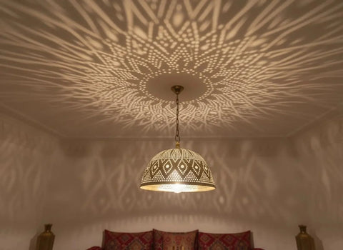 Moroccan Brass Pendant Light – Handmade Geometric Openwork Lamp - Brass For Homes - 