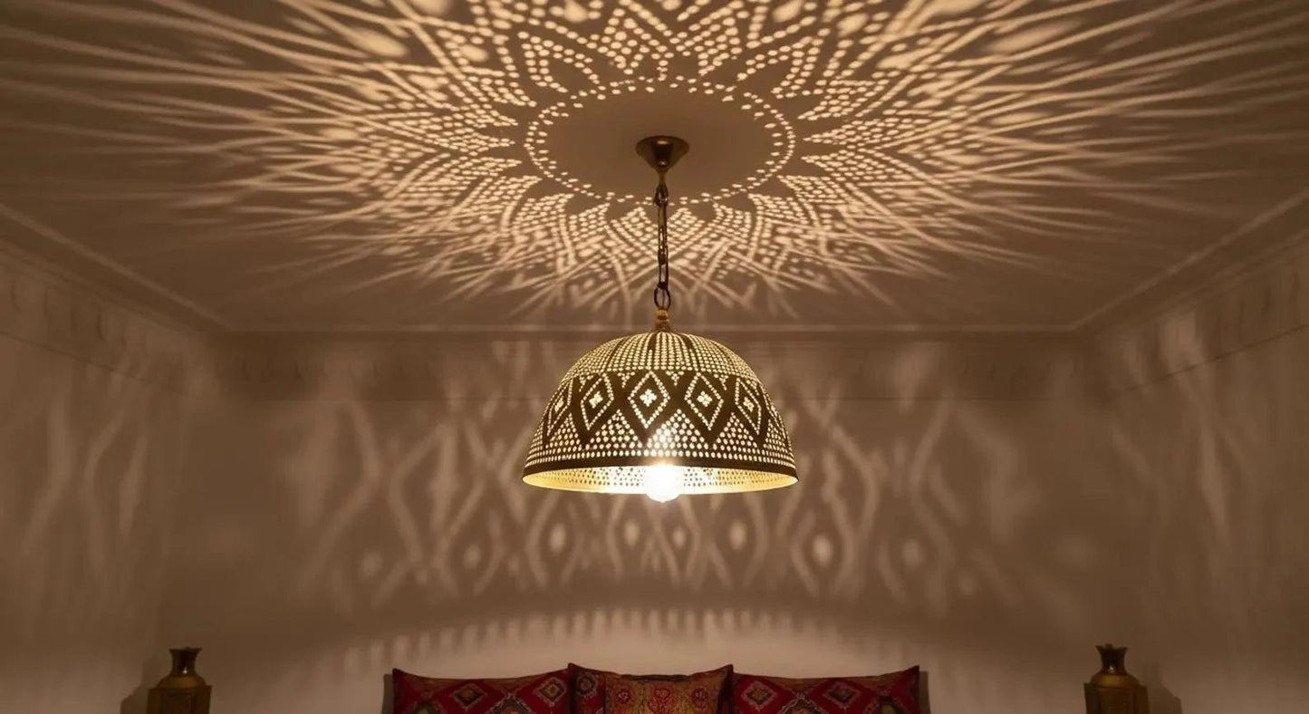 Moroccan Brass Pendant Light – Handmade Geometric Openwork Lamp - Brass For Homes - 