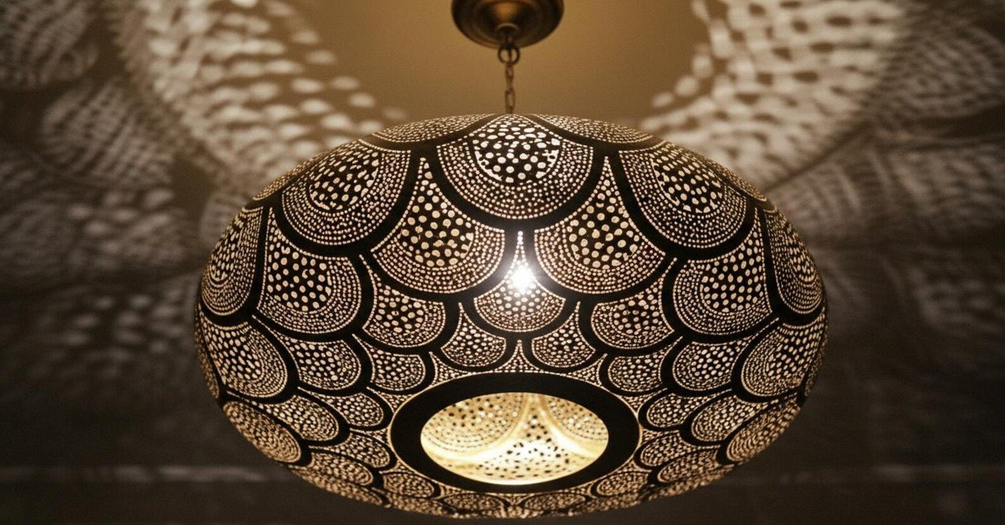 Moroccan Brass Pendant Light – Handmade Scalloped Openwork Ceiling Lamp - Brass For Homes - 