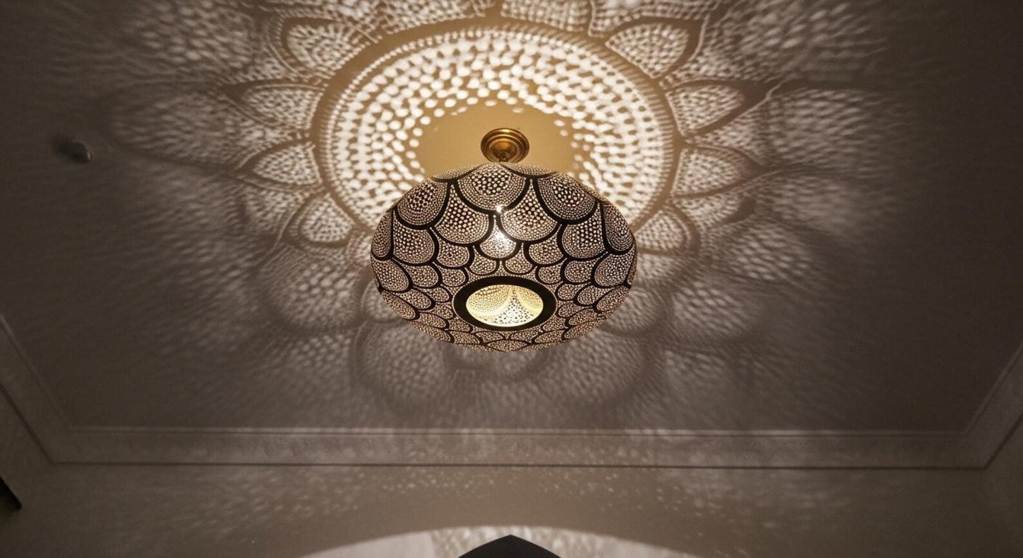 Moroccan Brass Pendant Light – Handmade Scalloped Openwork Ceiling Lamp - Brass For Homes - 