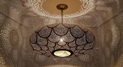 Moroccan Brass Pendant Light – Handmade Scalloped Openwork Ceiling Lamp - Brass For Homes - 