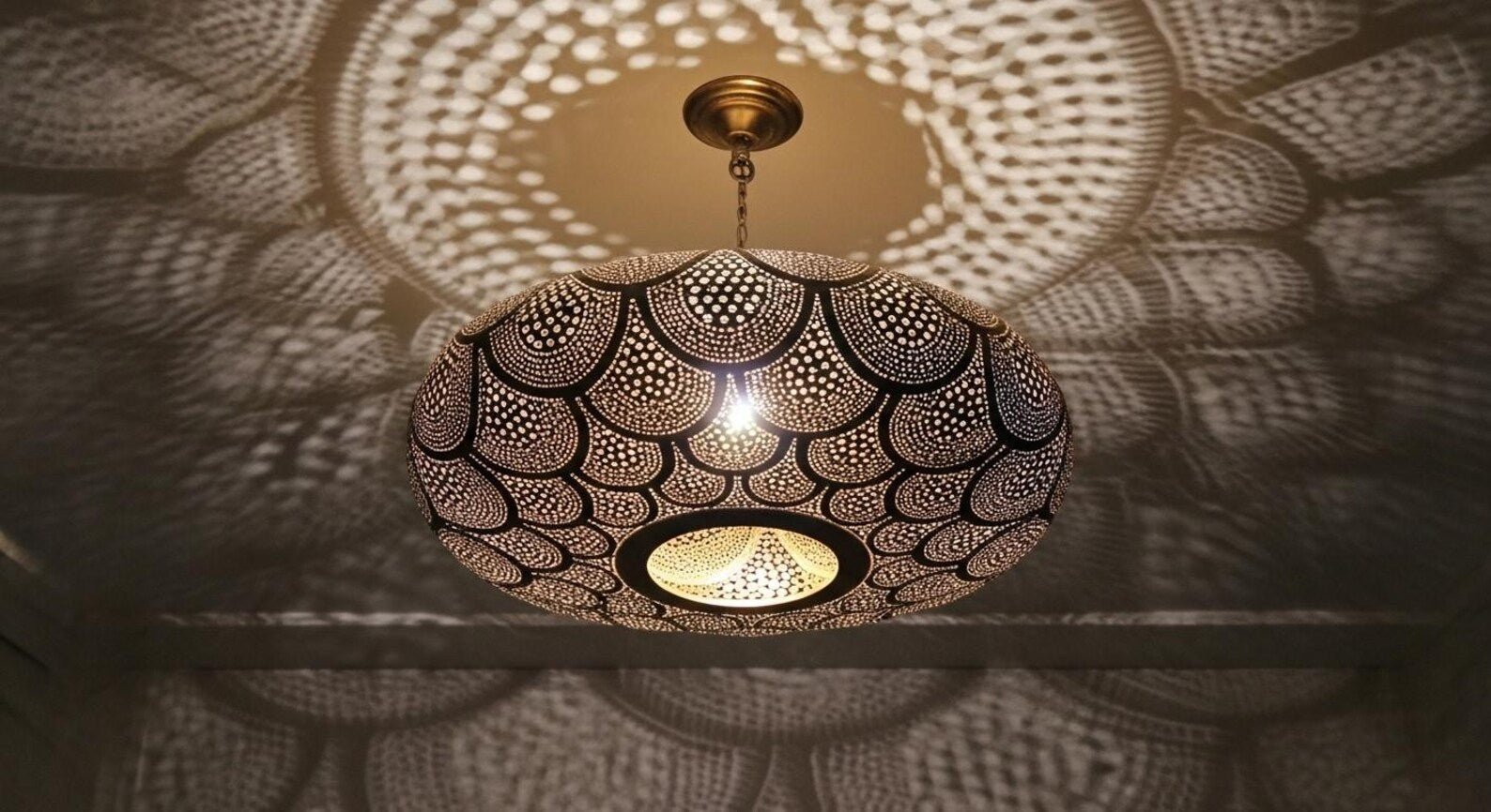 Moroccan Brass Pendant Light – Handmade Scalloped Openwork Ceiling Lamp - Brass For Homes - 