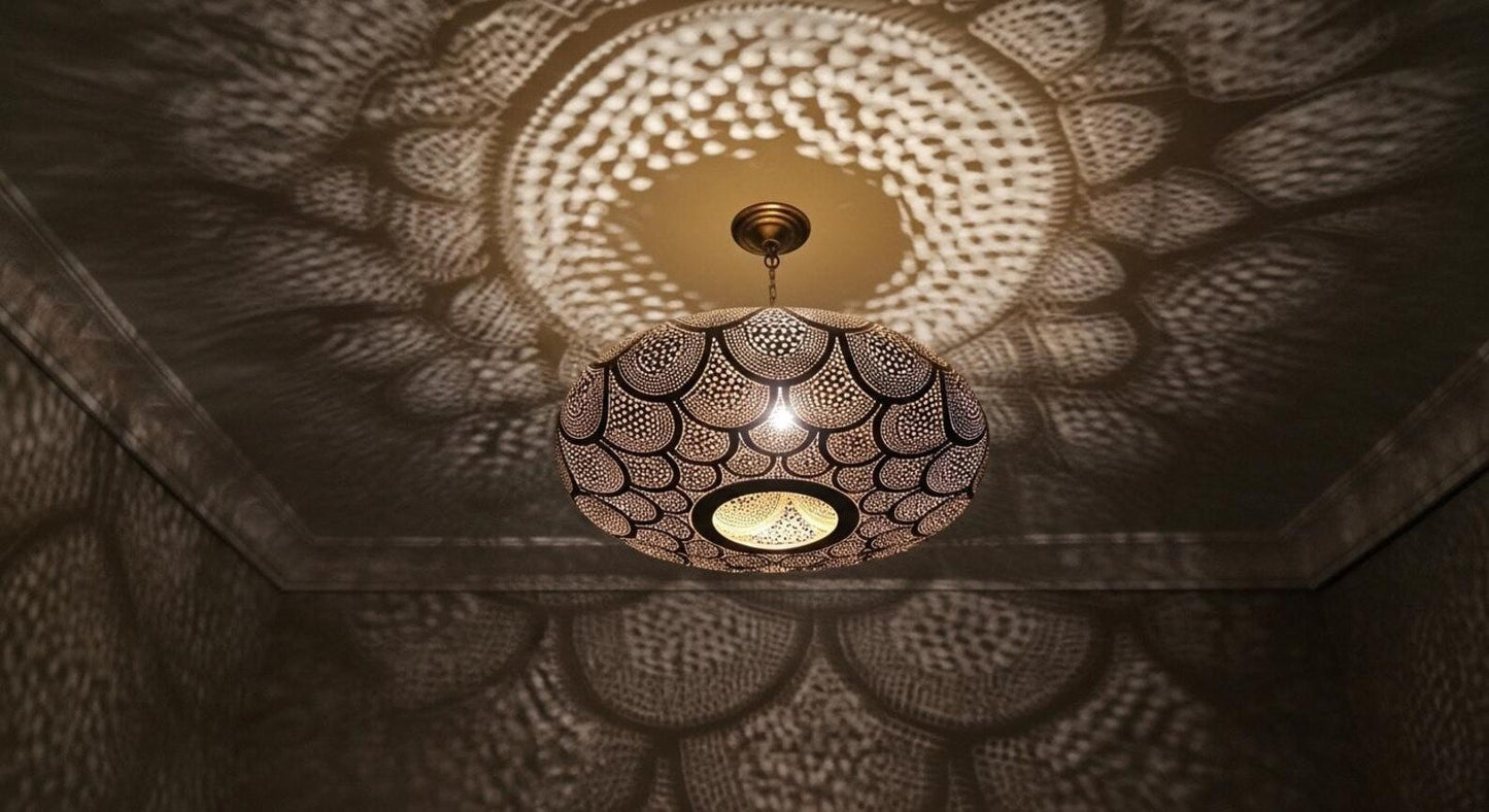 Moroccan Brass Pendant Light – Handmade Scalloped Openwork Ceiling Lamp - Brass For Homes - 