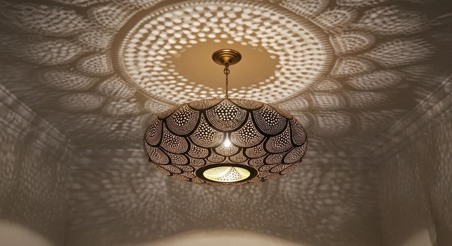 Moroccan Brass Pendant Light – Handmade Scalloped Openwork Ceiling Lamp - Brass For Homes - 