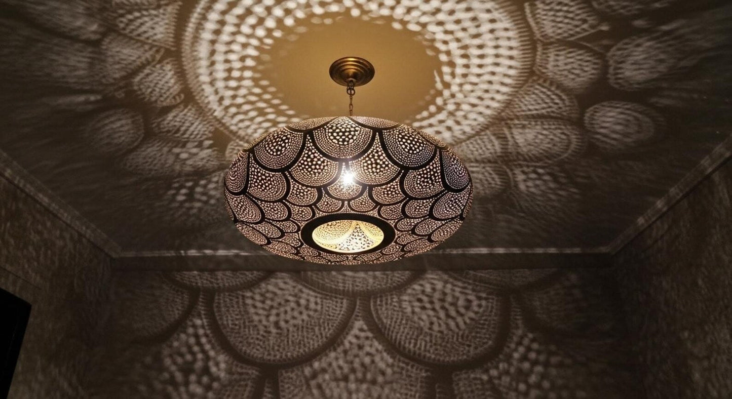 Moroccan Brass Pendant Light – Handmade Scalloped Openwork Ceiling Lamp - Brass For Homes - 