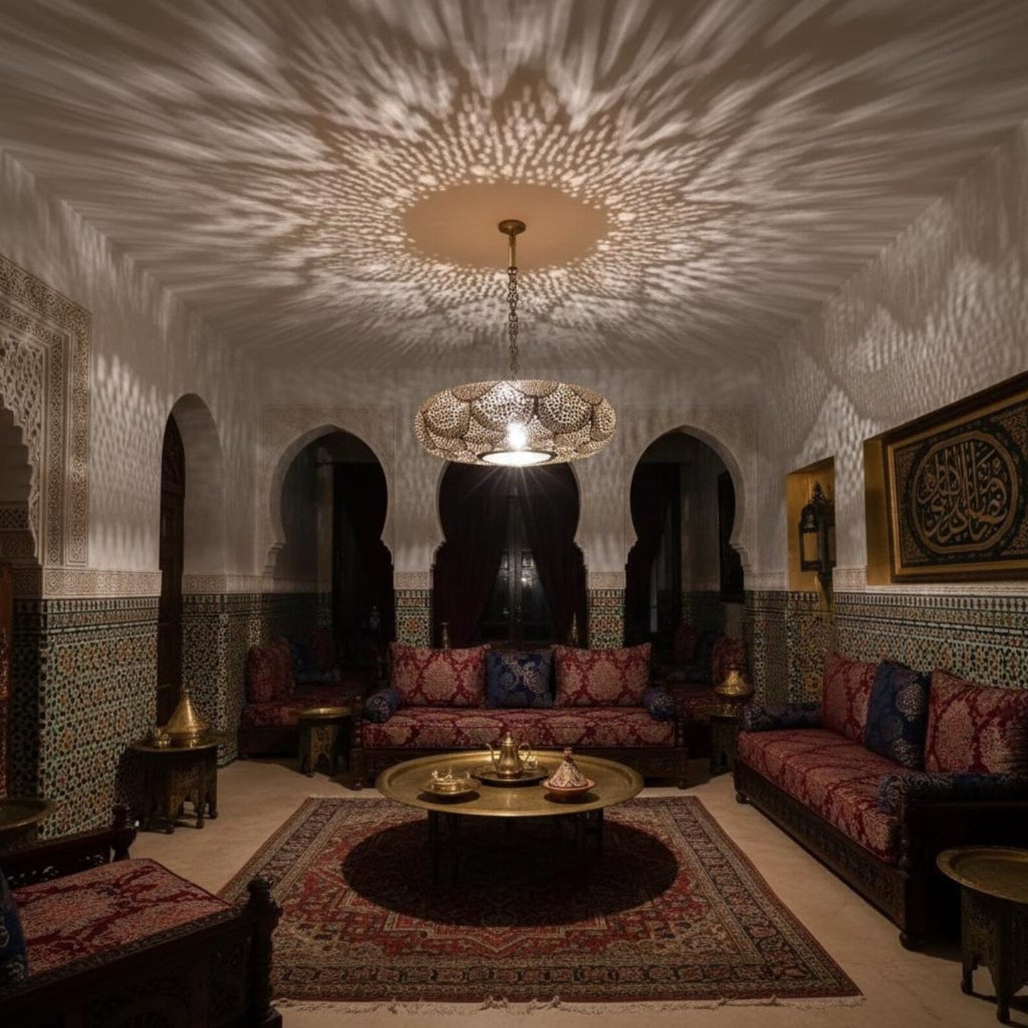 Moroccan Brass Pendant Light – Handmade Scalloped Openwork Ceiling Lamp - Brass For Homes - 