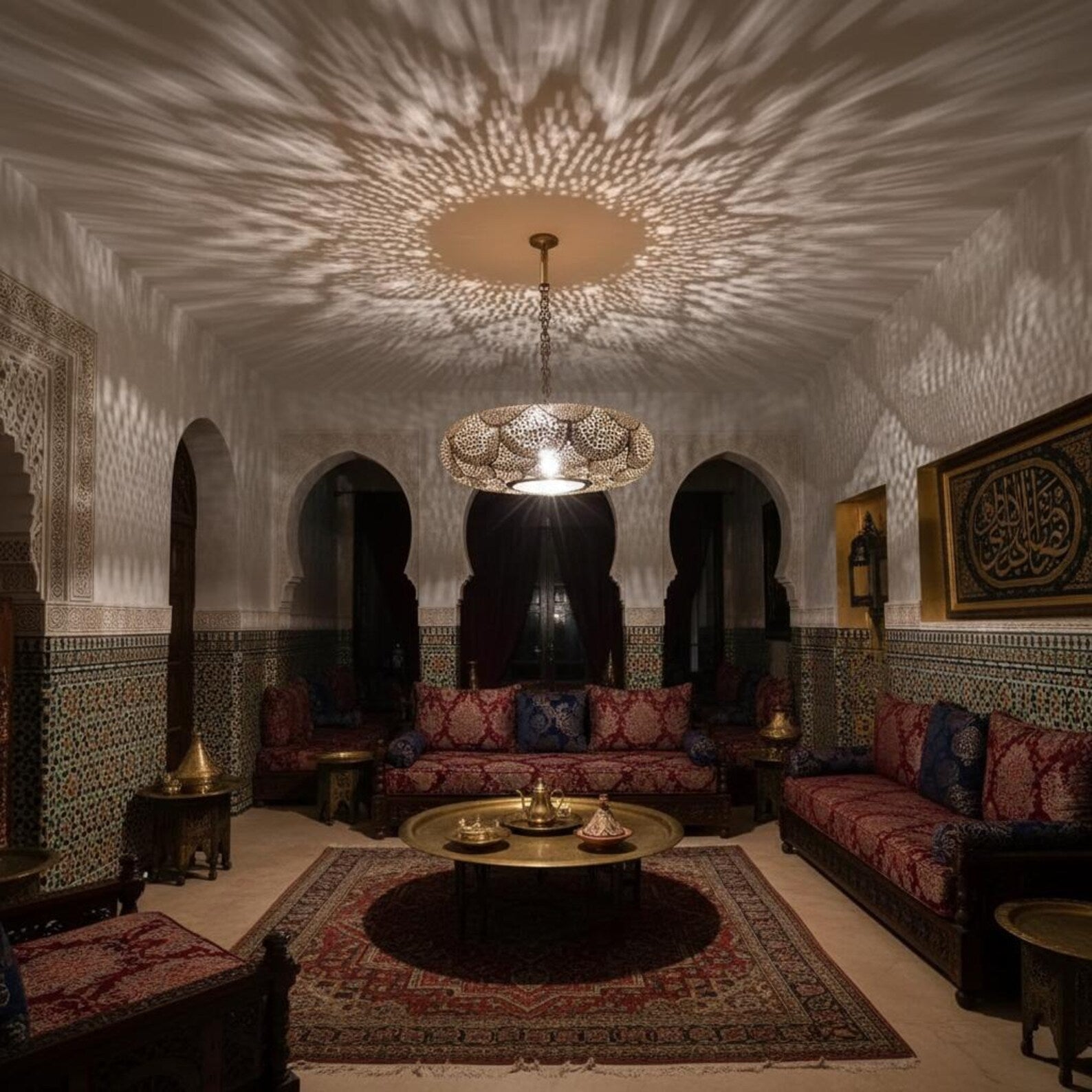 Moroccan Brass Pendant Light – Handmade Scalloped Openwork Ceiling Lamp - Brass For Homes - 