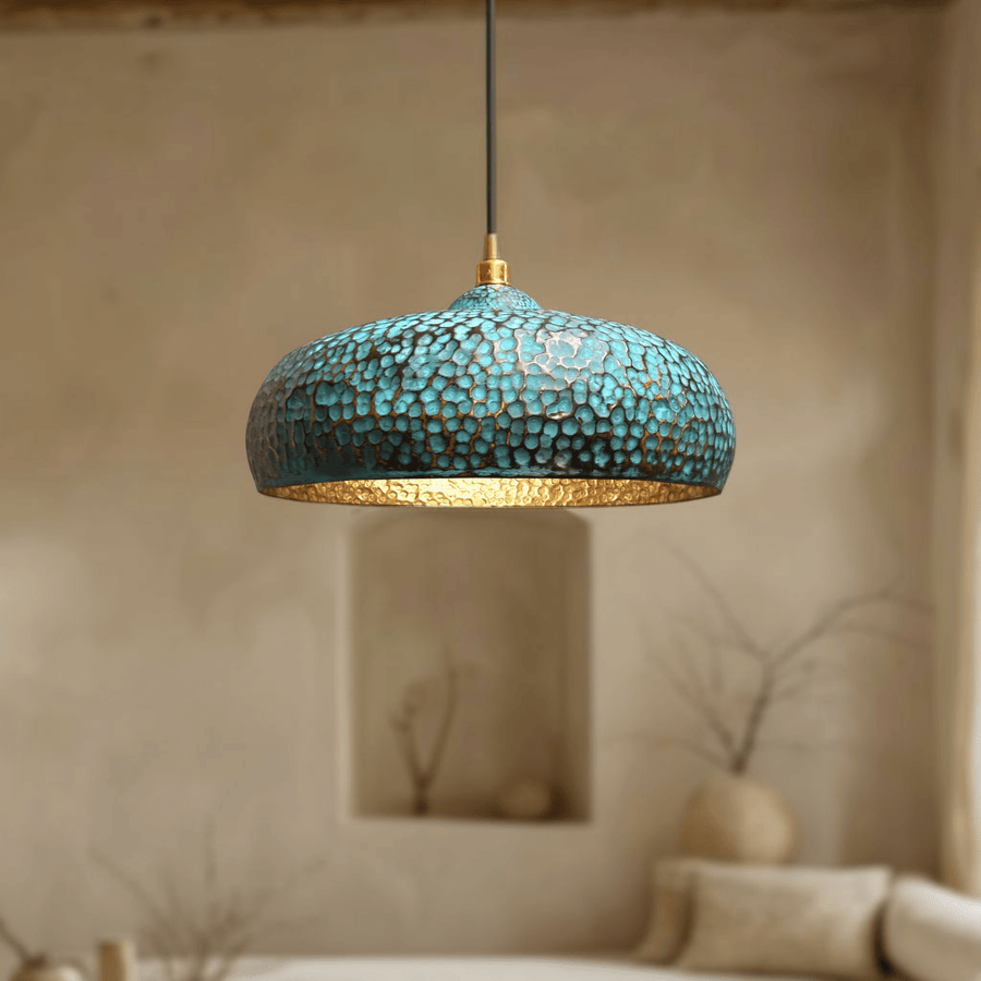 Blue patina brass dome pendant light – deep navy oxidized finish – Brass For Homes