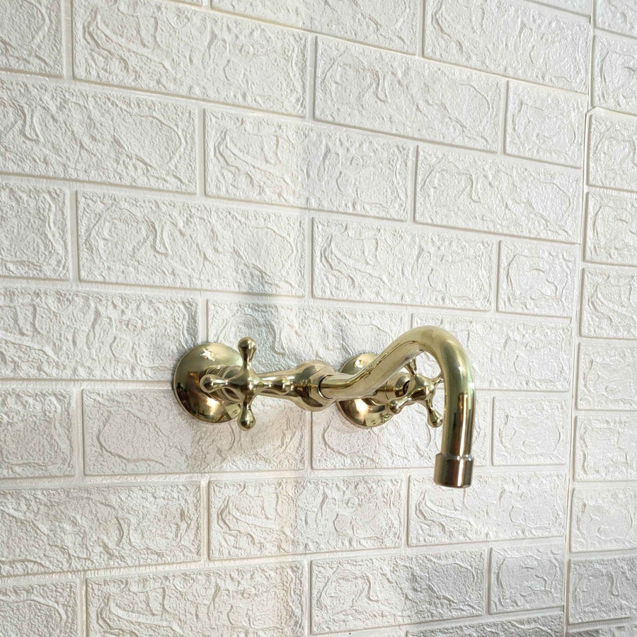 Unlacquered Brass Curved Wall Mounted faucet wall mount faucet for wall-mounted sink layouts, bathrooms, kitchens, and compact wash spaces - view 1