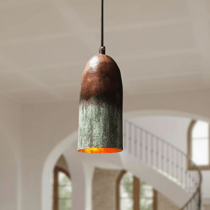 Verdigris Copper Cylinder Pendant – Tall Green Patina Ceiling Fixture - Brass For Homes - 