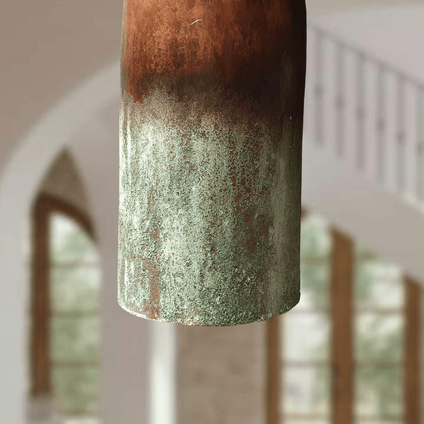 Verdigris Copper Cylinder Pendant – Tall Green Patina Ceiling Fixture - Brass For Homes - 